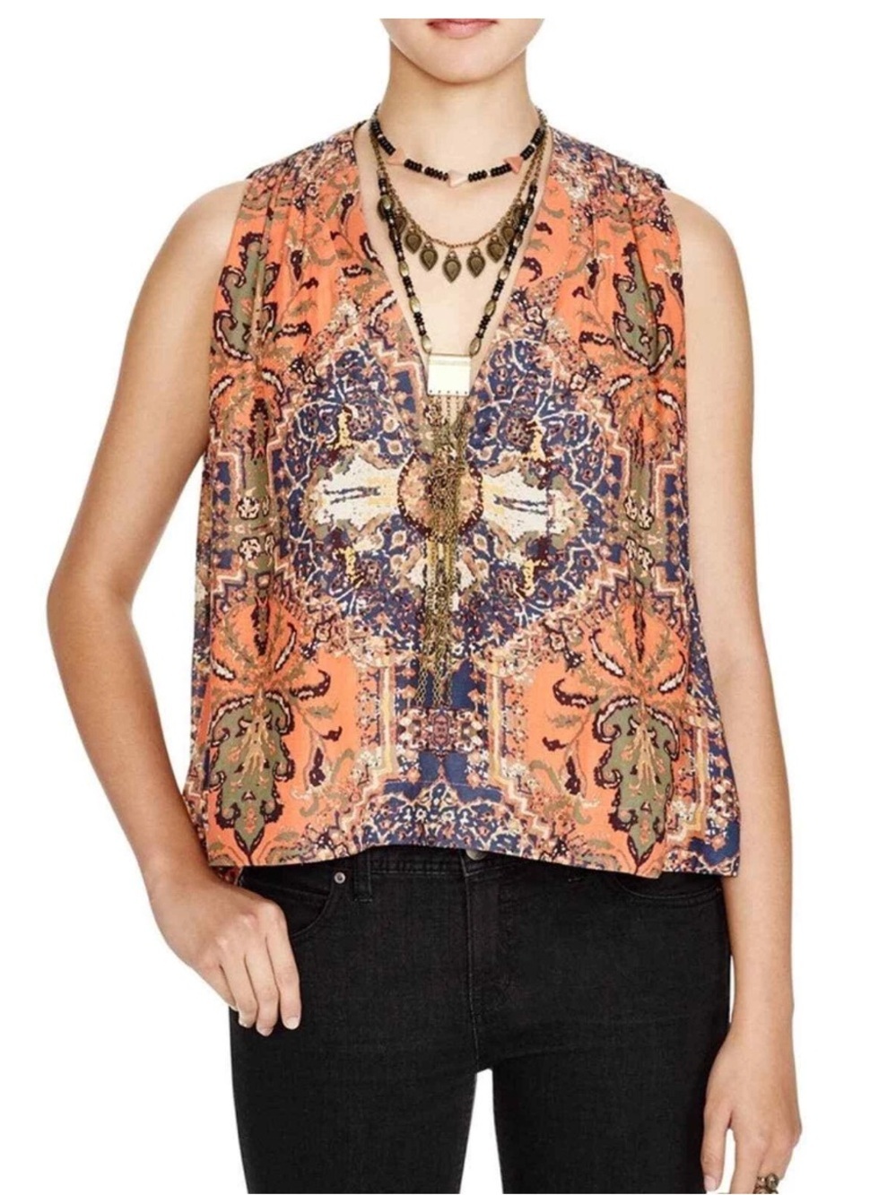 Free People Darcy India Tapestry Boxy Swing Top Size Large Orange Boho Flowy